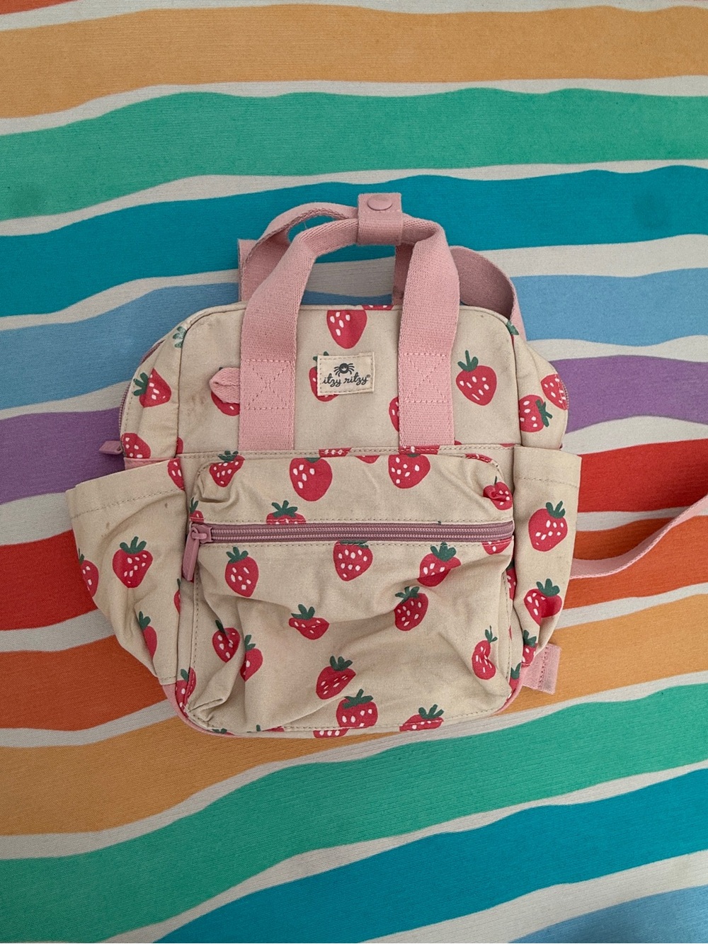 Pink Strawberry Canvas Kids Backpack with Front Pocket - Itzy ritzy